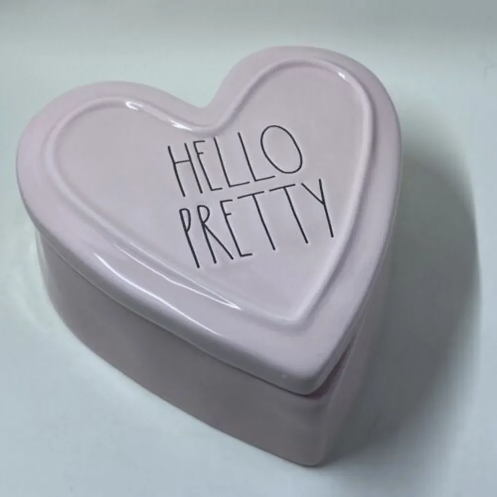 RAE Dunn HELLO PRETTY Ceramic Heart Shaped Box PINK- READ